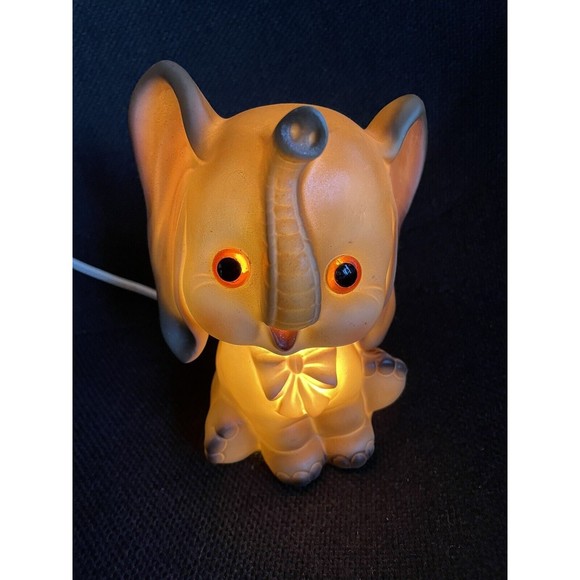 Vintage Josef Originals Ceramic Baby Elephant Pink Bow Night Light Lamp Trunk Up - Picture 2 of 12